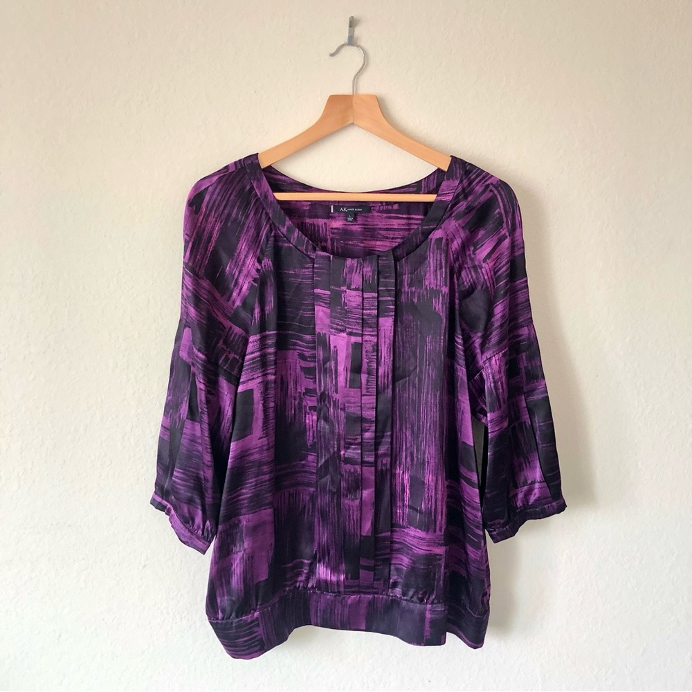 ANNE KLEIN 100% Silk Purple & Black Paint Brush Pattern Blouse – Women's Large